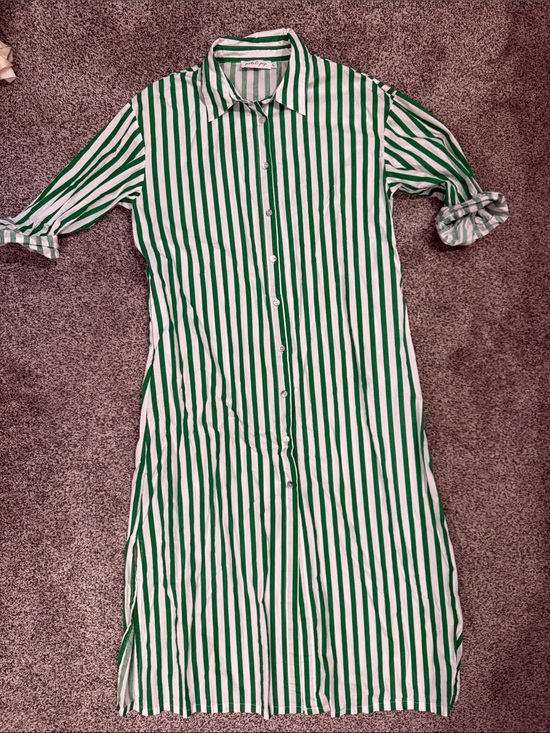 Petal & Pup Dresses & Skirts - Petal & Pup Green and White Vertical Stripe Maxi Shirt Dress